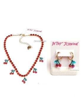 NWT Betsey Johnson 💋CHERRY Gold Tone CZ Crystals Earrings & Tennis Necklace Set
